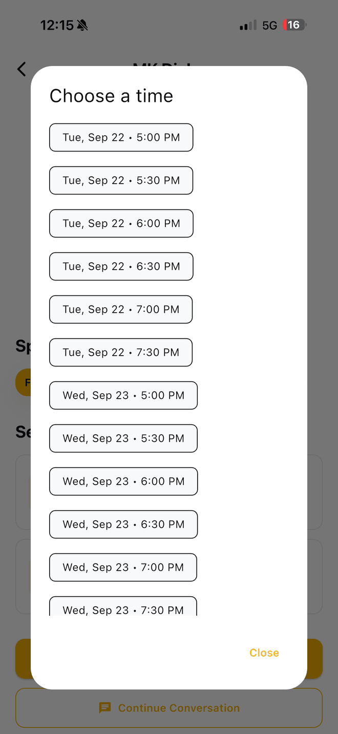 A 'Choose a time' sheet listing available half-hour slots across several days
