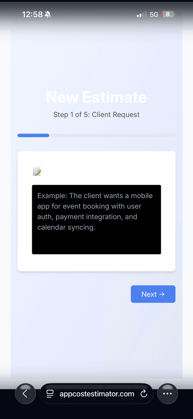 The Client Request step: a large free-text box with an example describing a mobile app for event booking
