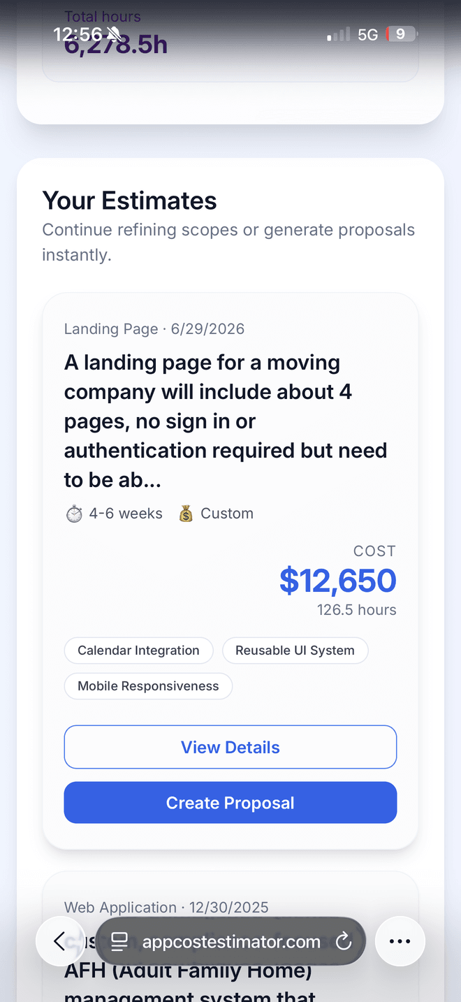 The estimates dashboard listing saved estimates with cost, hours and feature tags, above a running total of 6,278.5 hours