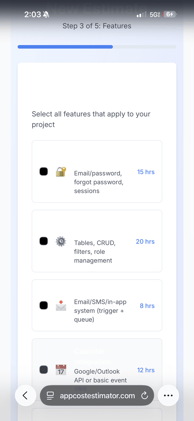 The App Cost Estimator features step, where each feature shows its own hour figure