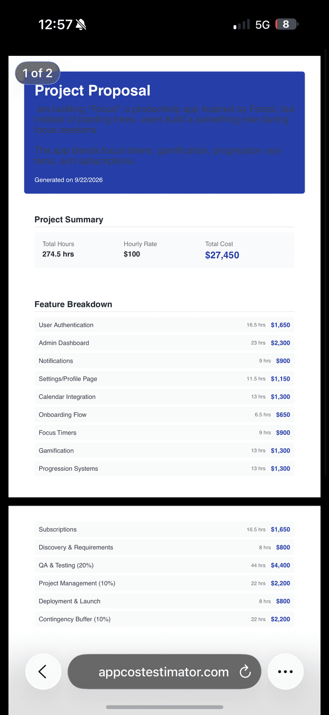 The full generated proposal, showing the project summary followed by a long feature breakdown table