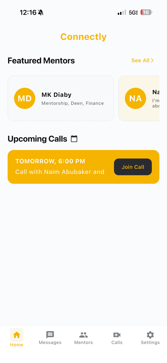 The Connectly home screen showing featured mentors and an upcoming call